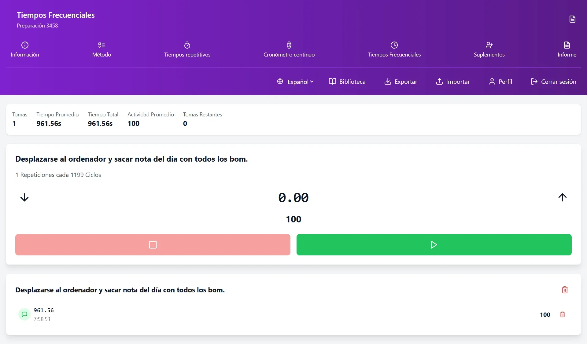 Registro preciso de elementos frecuenciales en software de cronometraje industrial CRONOMETRAS