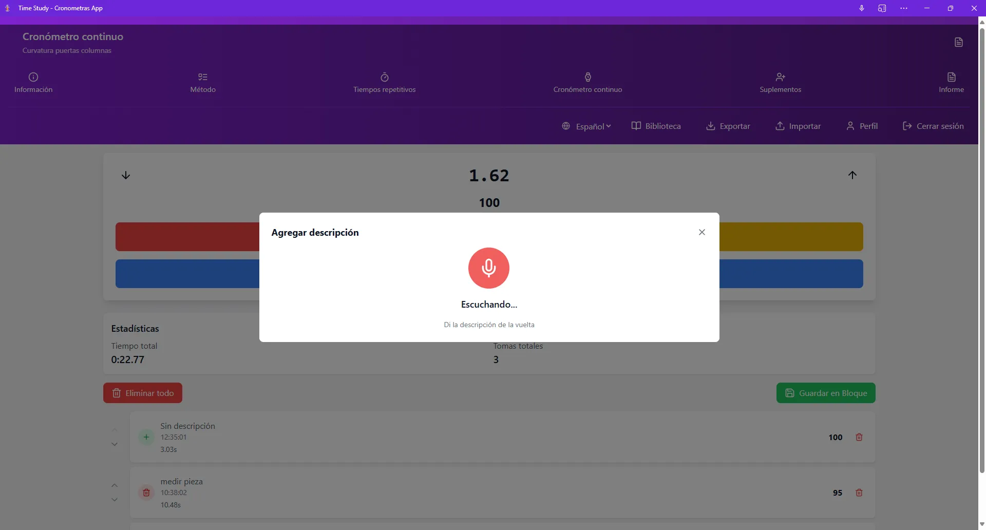 Cronometraje industrial continuo con dictado por voz en software de estudio de tiempos CRONOMETRAS