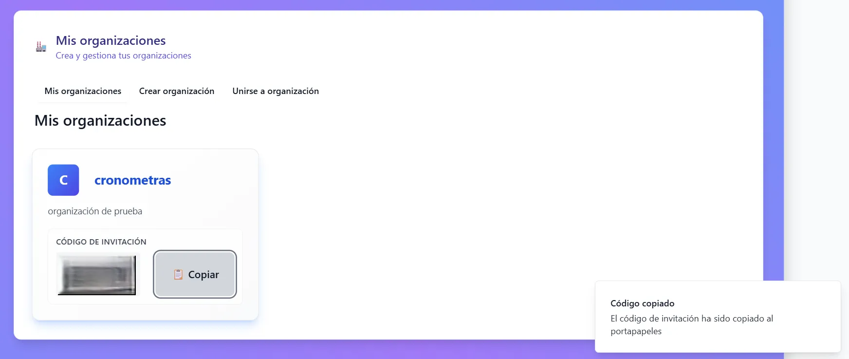 Invitación de miembros a organizaciones en CRONOMETRAS