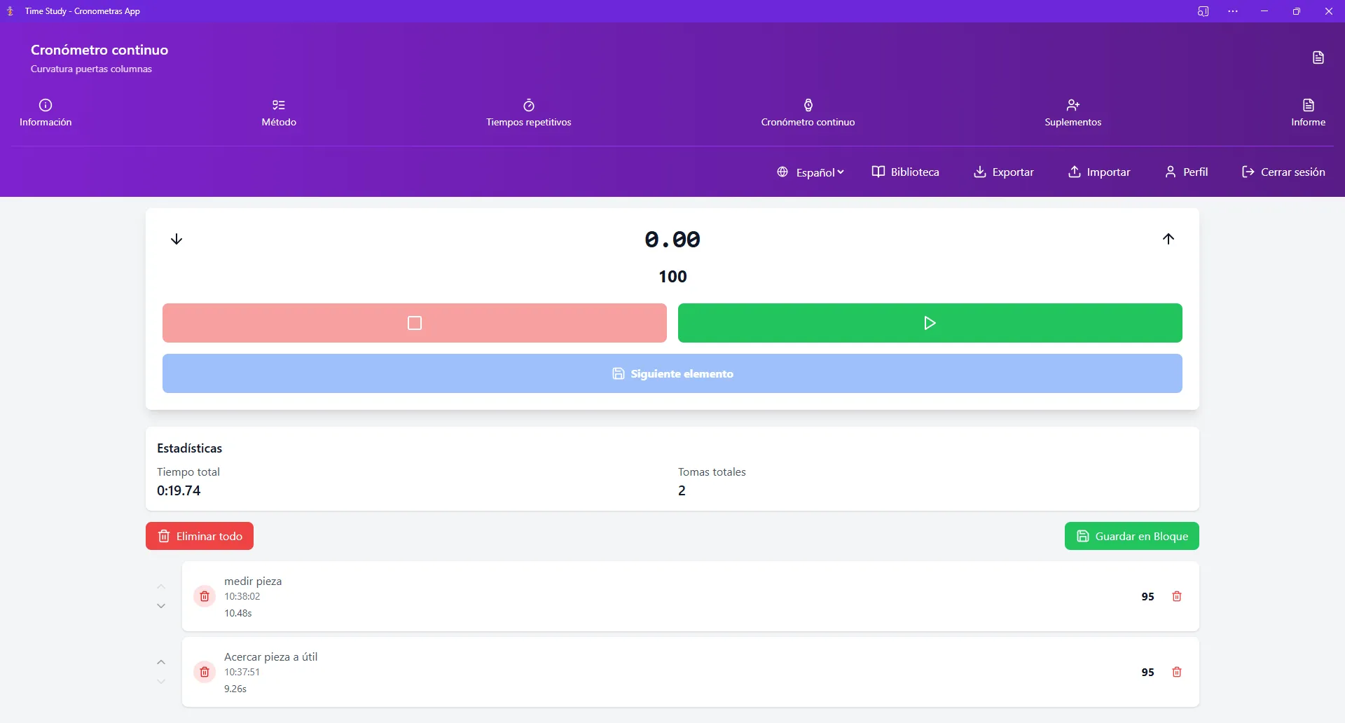 Cronometraje continuo sin interrupciones en software de estudio de tiempos CRONOMETRAS